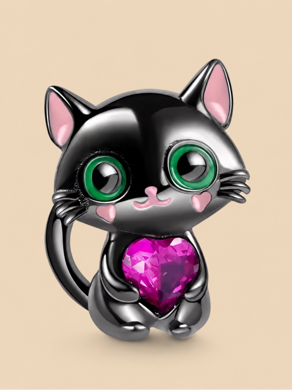 Black Cat Pendant with Pink Heart Gem